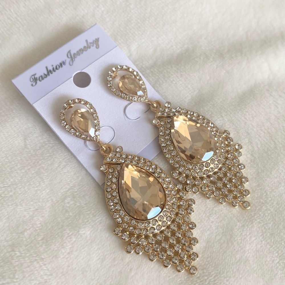 Gold Teardrop clear crystal rhinestone drop statement earrings New